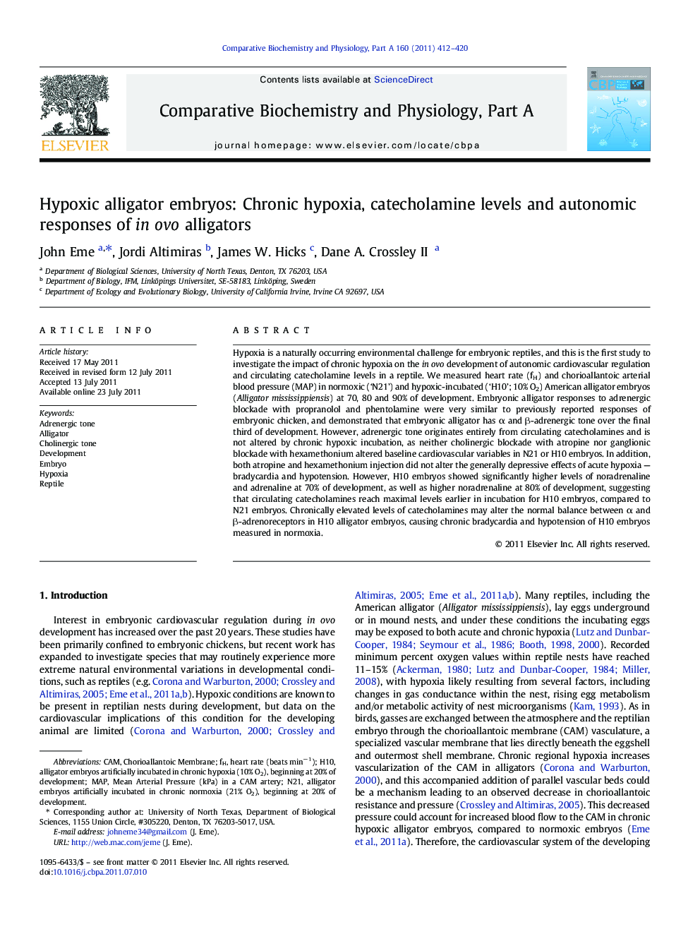 Hypoxic alligator embryos: Chronic hypoxia, catecholamine levels and autonomic responses of in ovo alligators