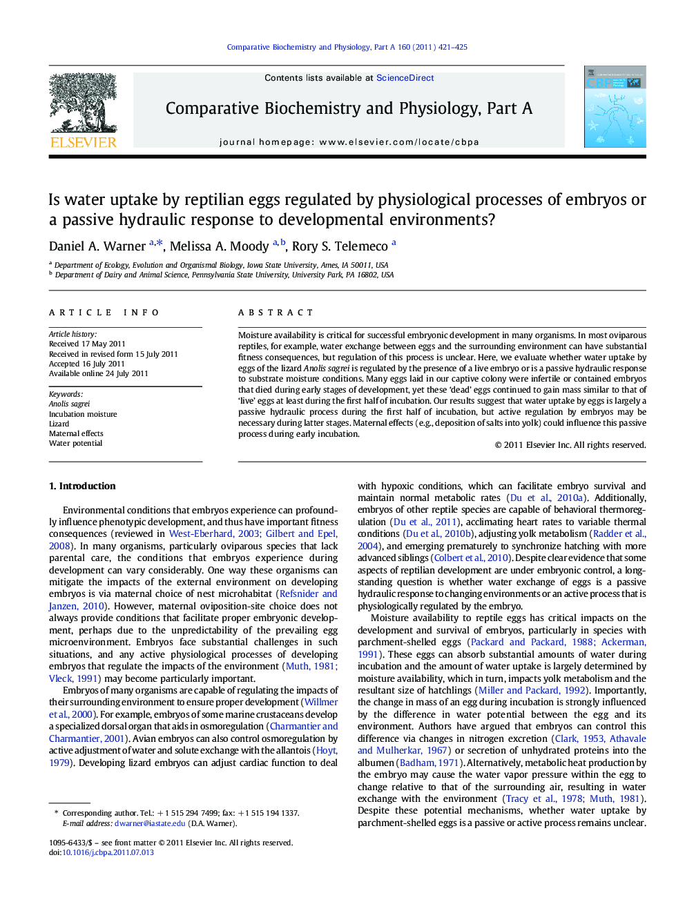 Is water uptake by reptilian eggs regulated by physiological processes of embryos or a passive hydraulic response to developmental environments?