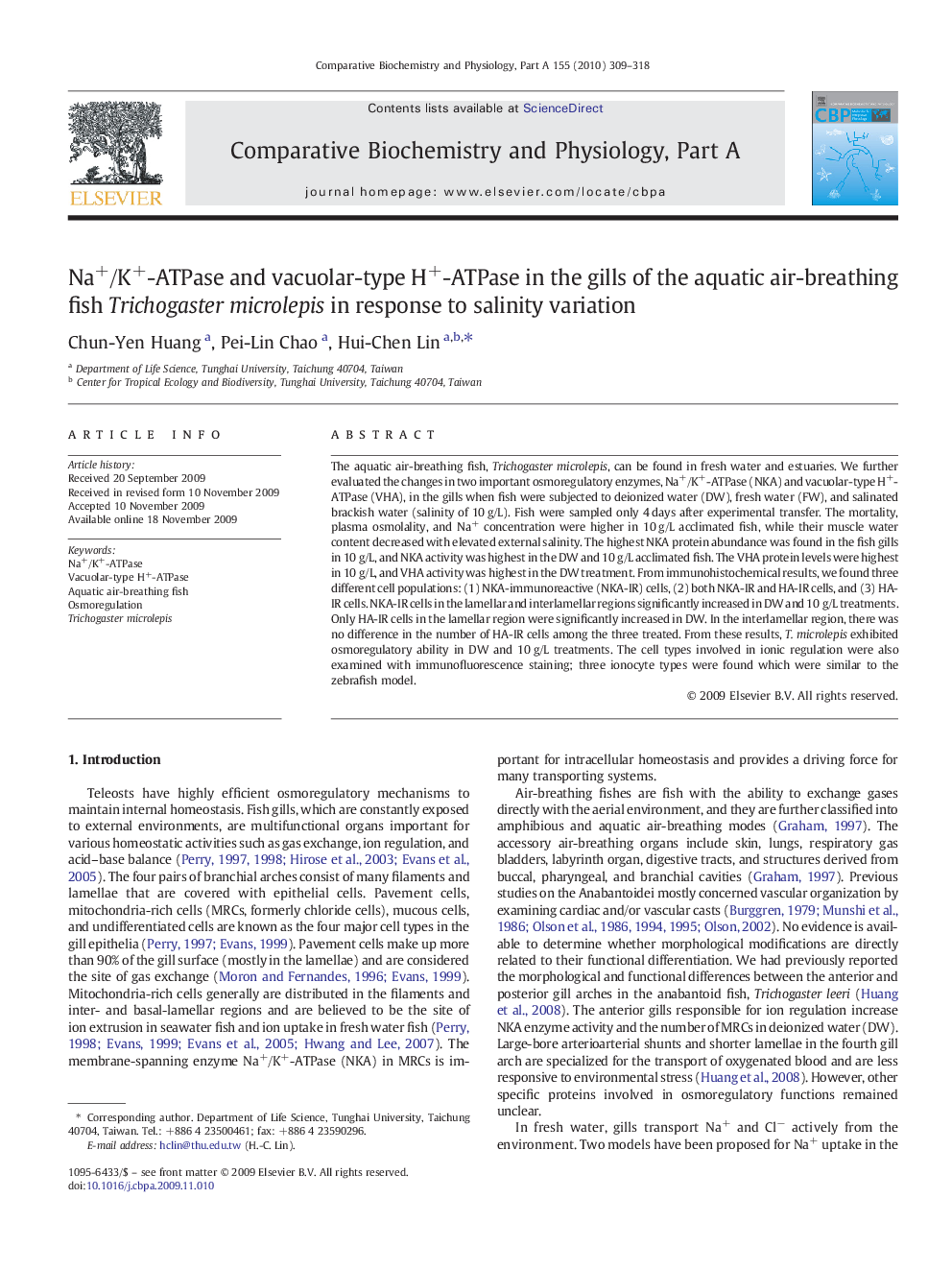 Na+/K+-ATPase and vacuolar-type H+-ATPase in the gills of the aquatic air-breathing fish Trichogaster microlepis in response to salinity variation