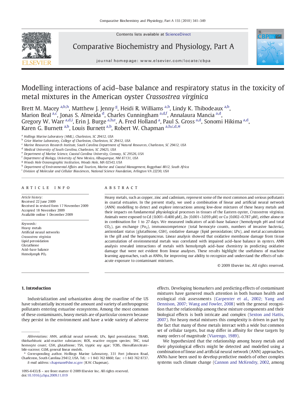 Modelling interactions of acid–base balance and respiratory status in the toxicity of metal mixtures in the American oyster Crassostrea virginica