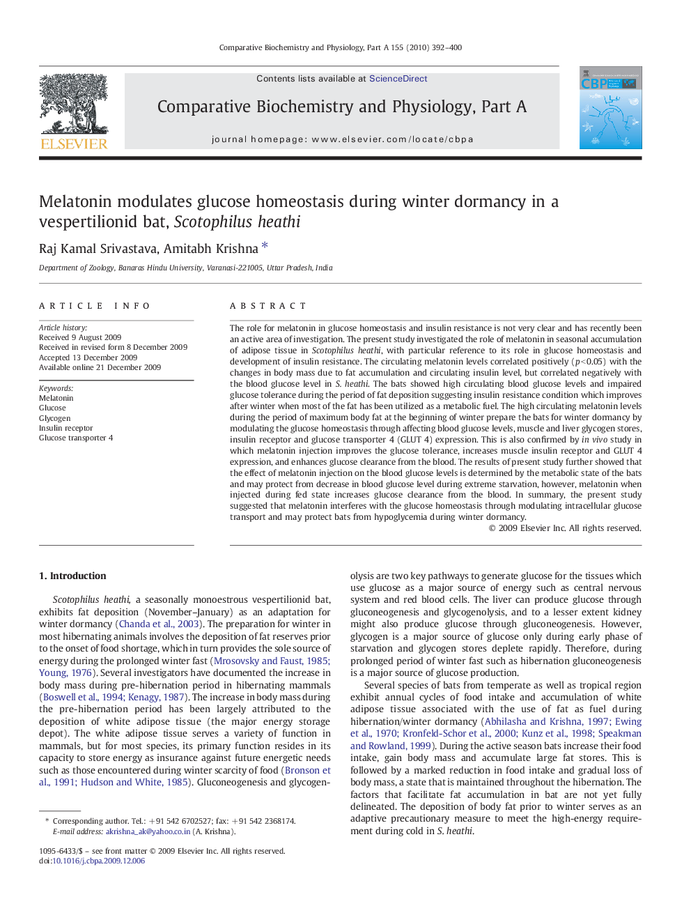 Melatonin modulates glucose homeostasis during winter dormancy in a vespertilionid bat, Scotophilus heathi