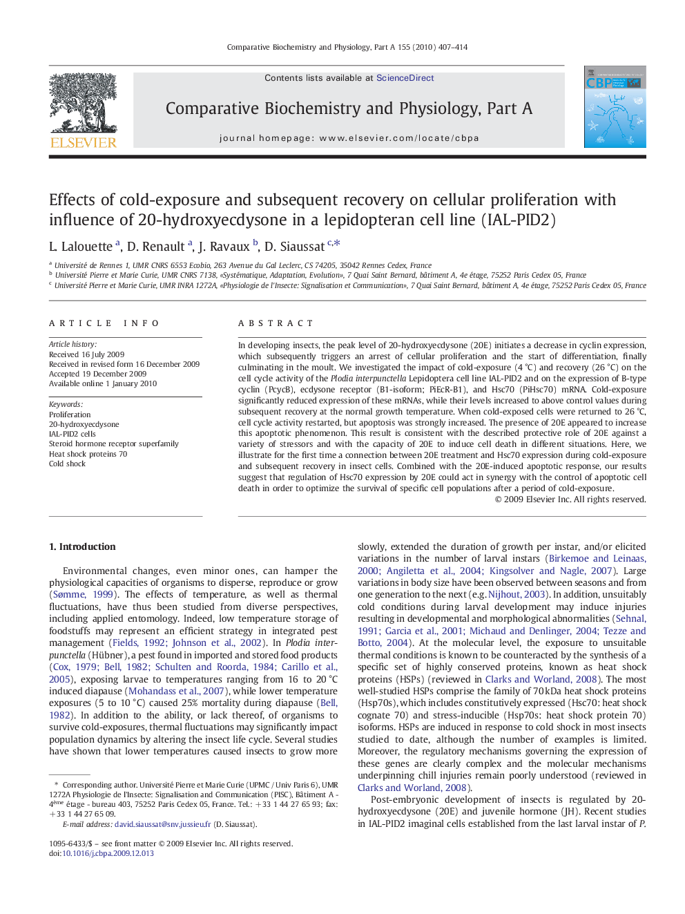 Effects of cold-exposure and subsequent recovery on cellular proliferation with influence of 20-hydroxyecdysone in a lepidopteran cell line (IAL-PID2)