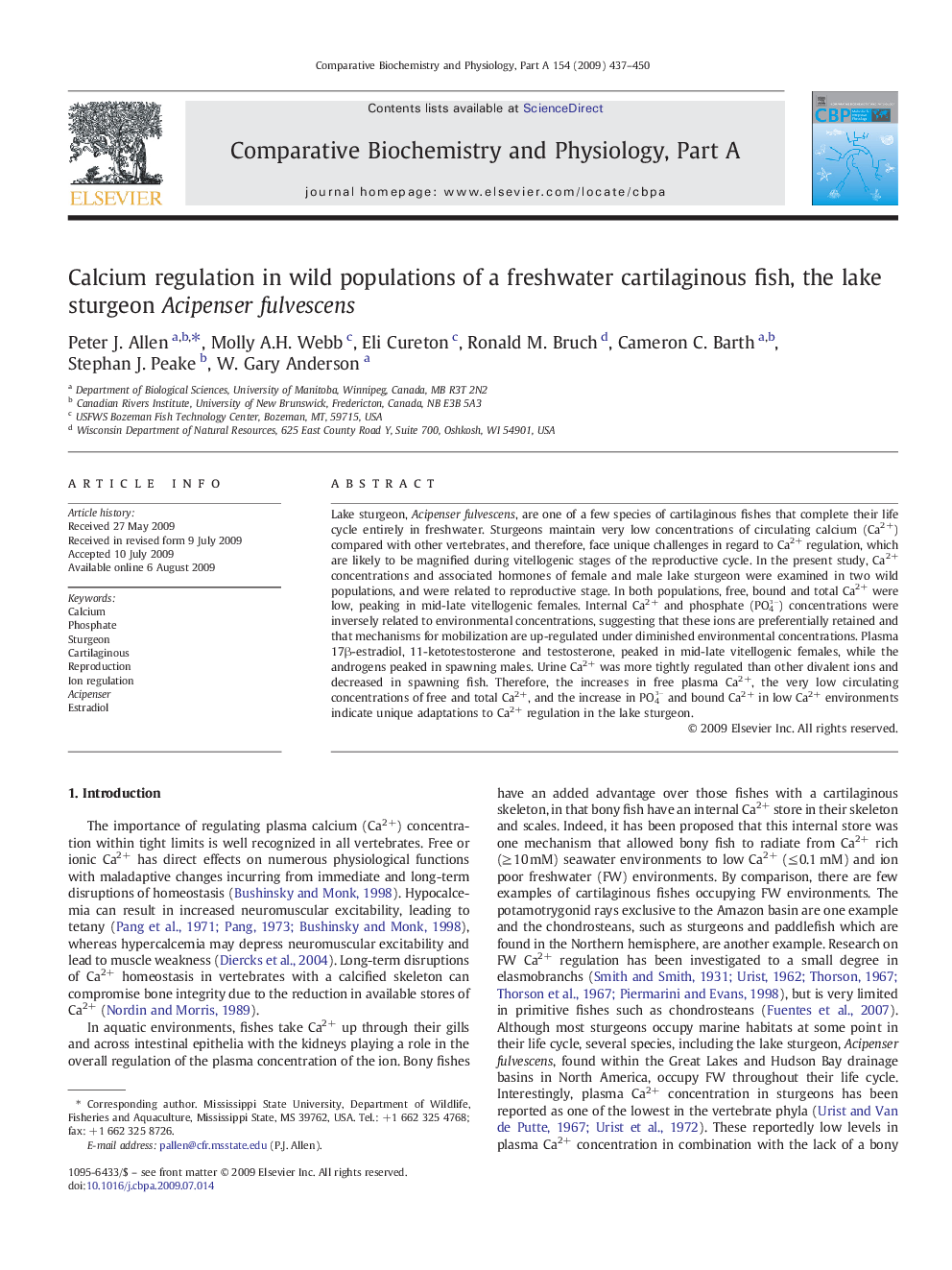 Calcium regulation in wild populations of a freshwater cartilaginous fish, the lake sturgeon Acipenser fulvescens