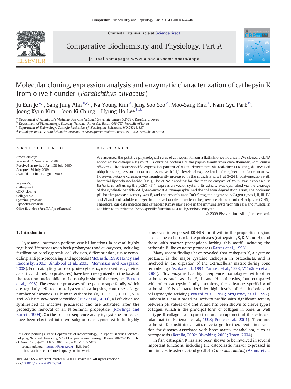 Molecular cloning, expression analysis and enzymatic characterization of cathepsin K from olive flounder (Paralichthys olivaceus)