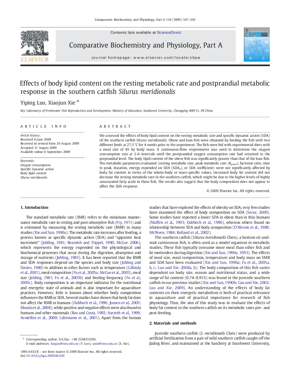 Effects of body lipid content on the resting metabolic rate and postprandial metabolic response in the southern catfish Silurus meridionalis