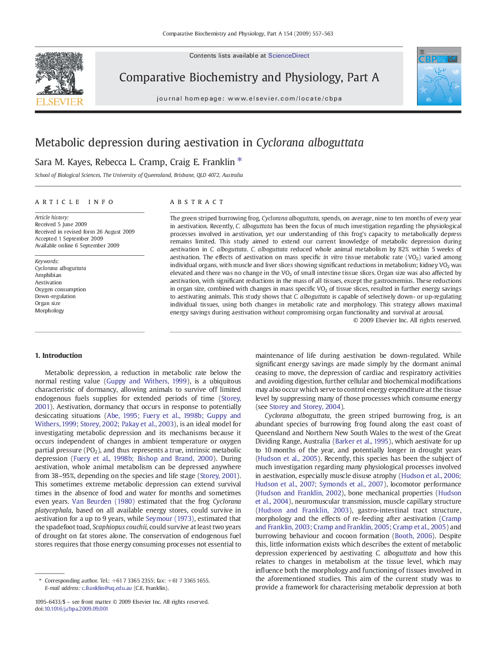 Metabolic depression during aestivation in Cyclorana alboguttata