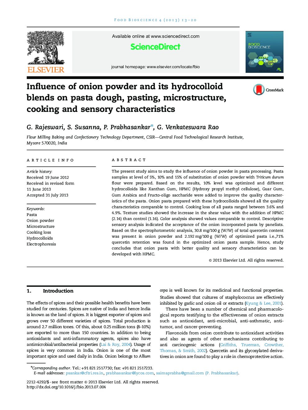 Influence of onion powder and its hydrocolloid blends on pasta dough, pasting, microstructure, cooking and sensory characteristics