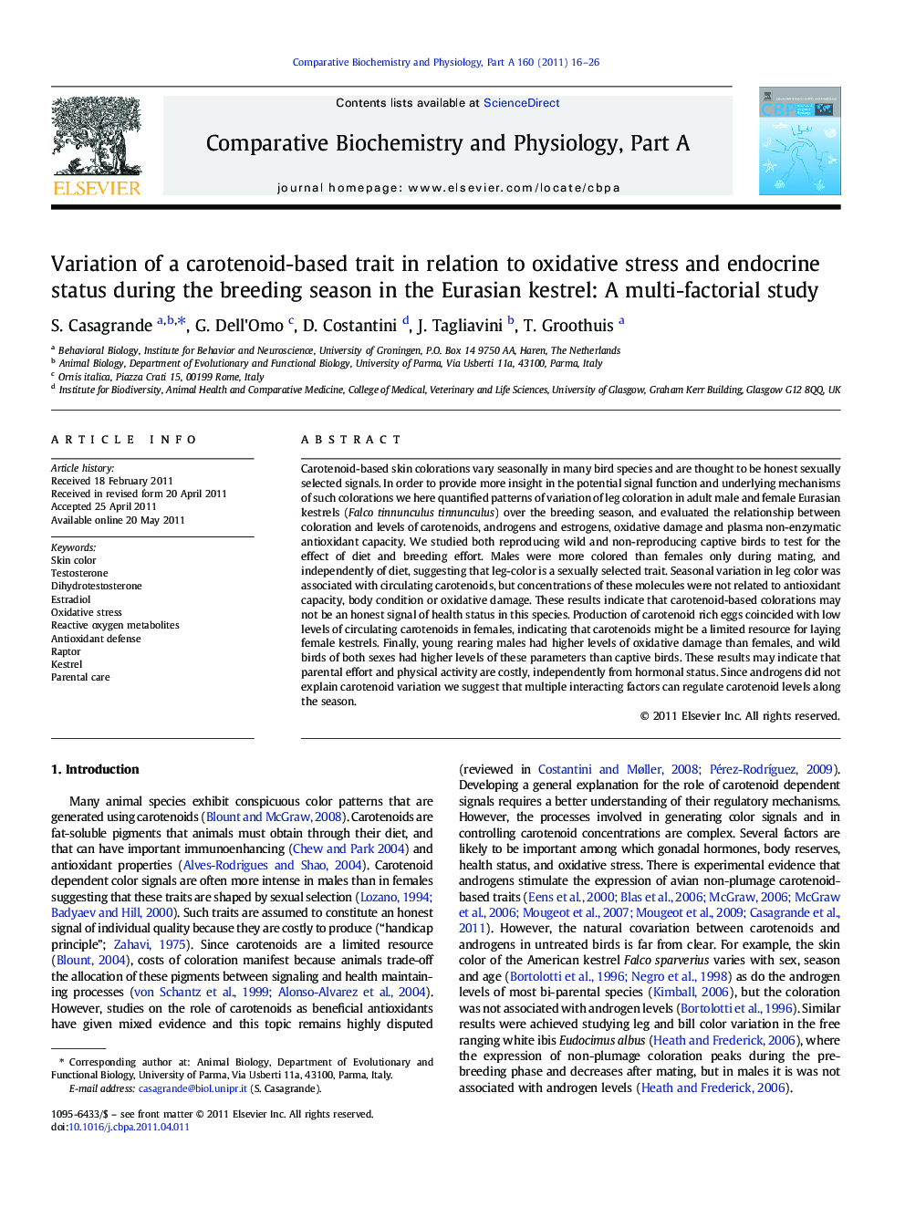 Variation of a carotenoid-based trait in relation to oxidative stress and endocrine status during the breeding season in the Eurasian kestrel: A multi-factorial study