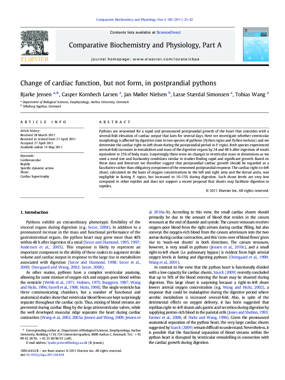 Change of cardiac function, but not form, in postprandial pythons