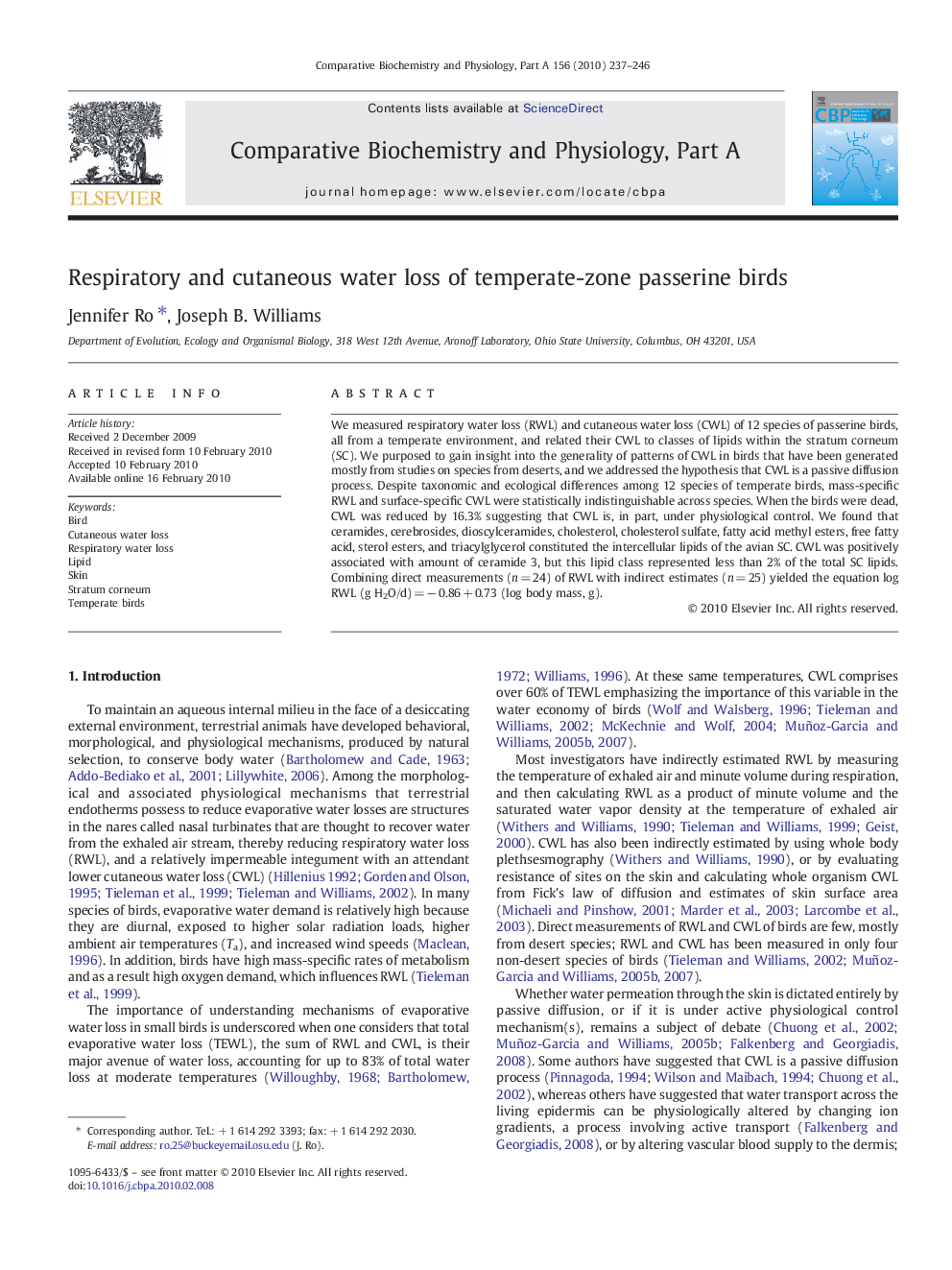 Respiratory and cutaneous water loss of temperate-zone passerine birds