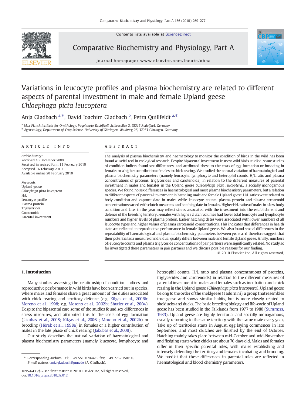 Variations in leucocyte profiles and plasma biochemistry are related to different aspects of parental investment in male and female Upland geese Chloephaga picta leucoptera