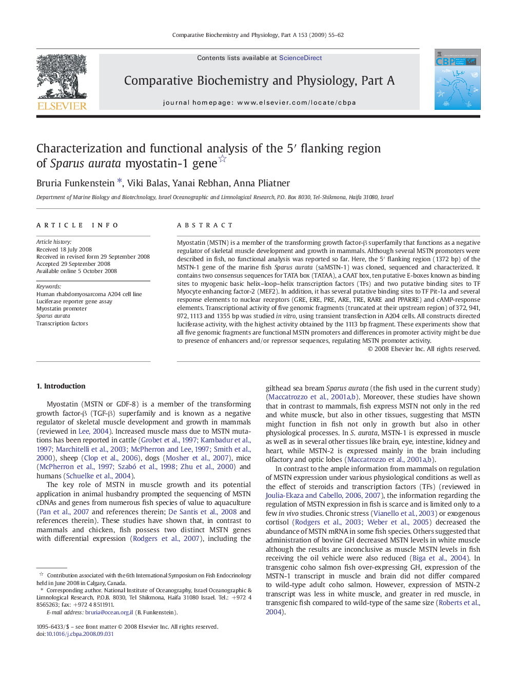 Characterization and functional analysis of the 5′ flanking region of Sparus aurata myostatin-1 gene 