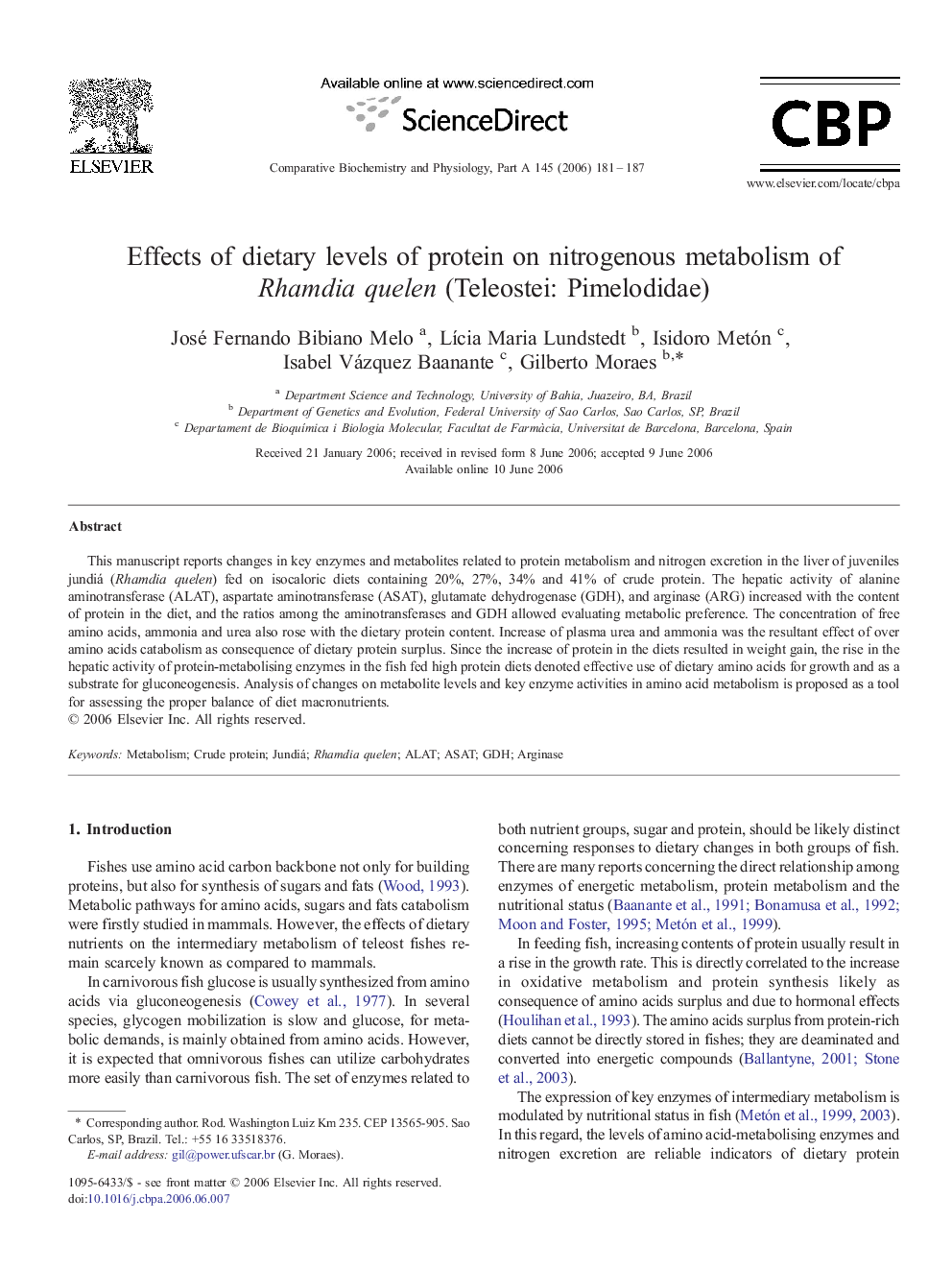 Effects of dietary levels of protein on nitrogenous metabolism of Rhamdia quelen (Teleostei: Pimelodidae)