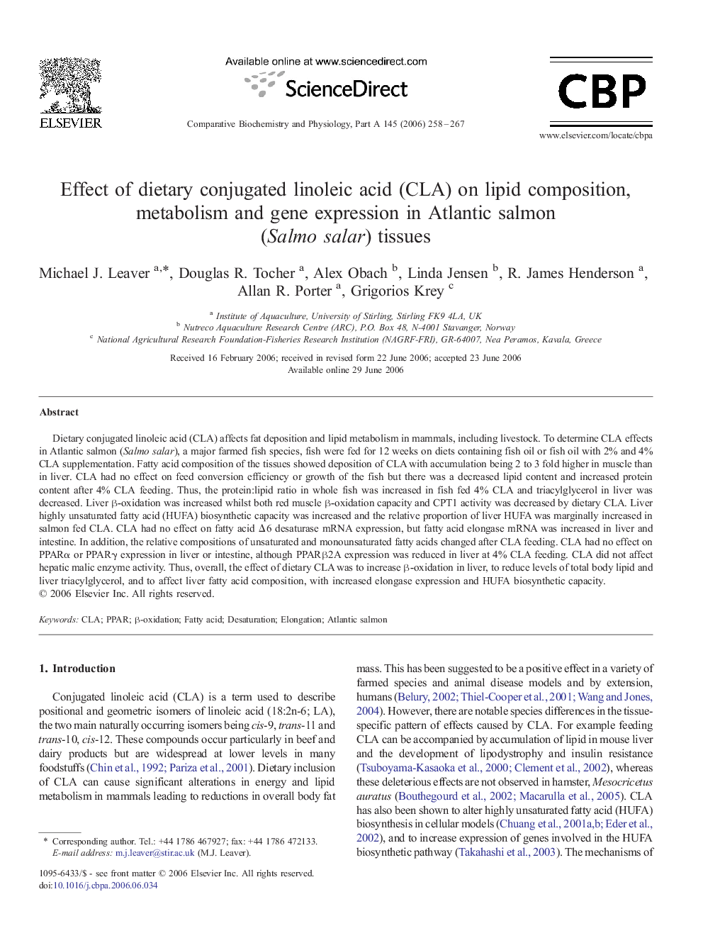 Effect of dietary conjugated linoleic acid (CLA) on lipid composition, metabolism and gene expression in Atlantic salmon (Salmo salar) tissues