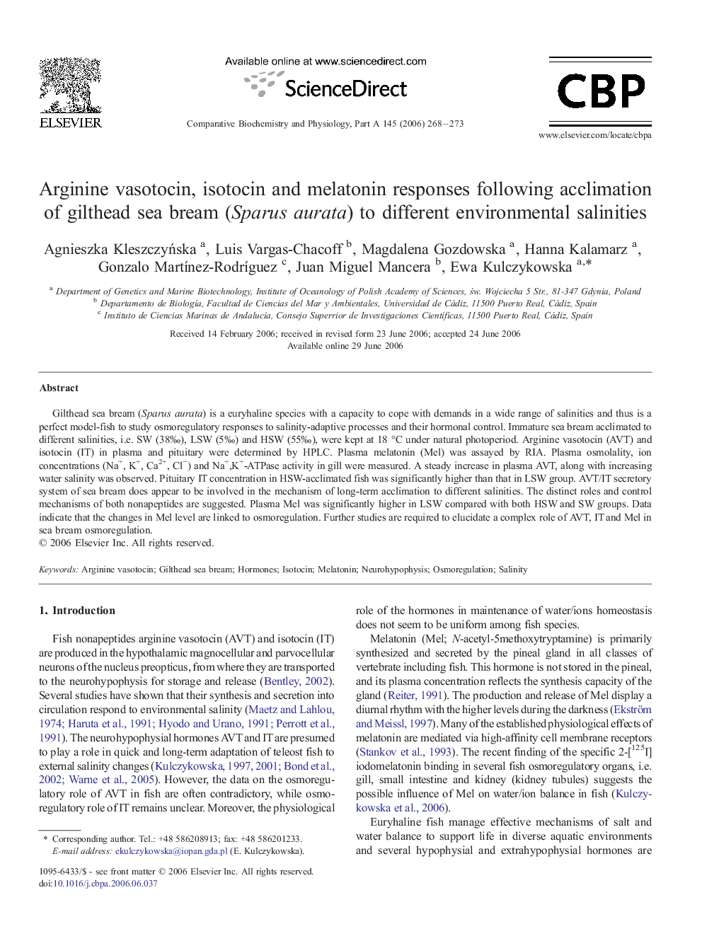 Arginine vasotocin, isotocin and melatonin responses following acclimation of gilthead sea bream (Sparus aurata) to different environmental salinities