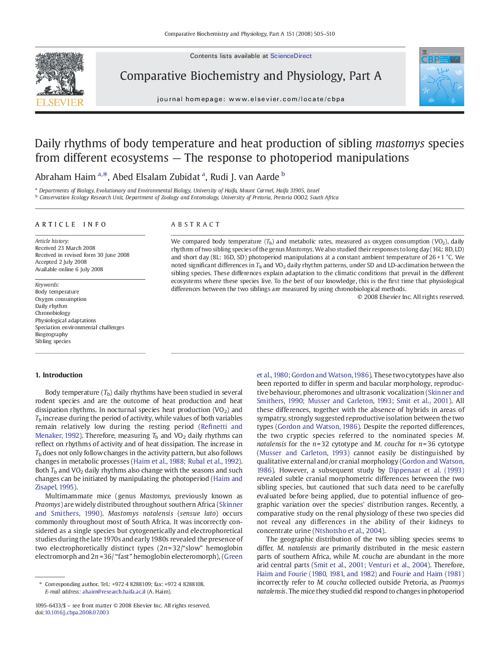 Daily rhythms of body temperature and heat production of sibling mastomys species from different ecosystems - The response to photoperiod manipulations