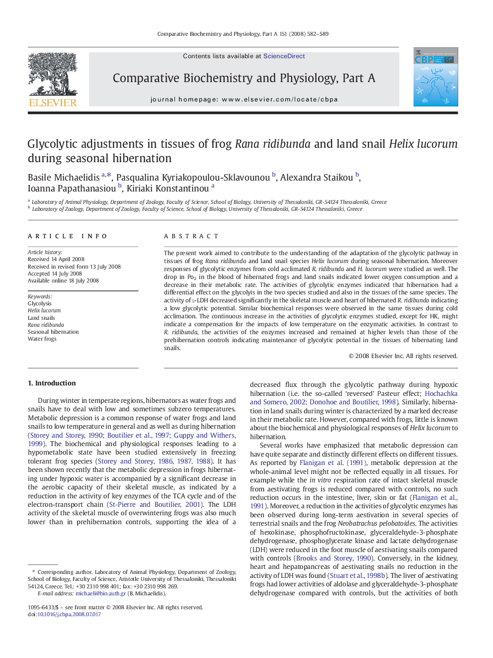 Glycolytic adjustments in tissues of frog Rana ridibunda and land snail Helix lucorum during seasonal hibernation