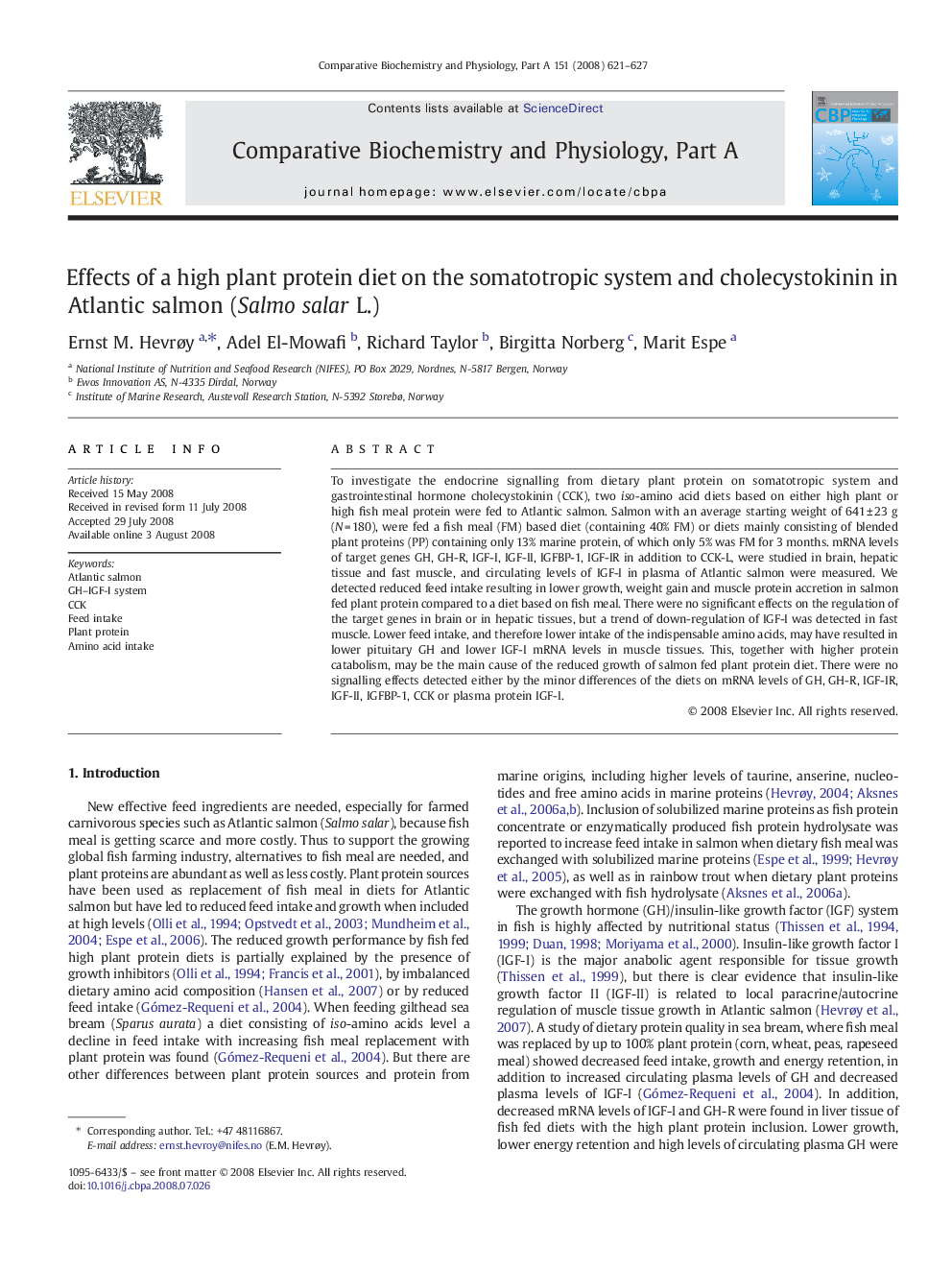 Effects of a high plant protein diet on the somatotropic system and cholecystokinin in Atlantic salmon (Salmo salar L.)