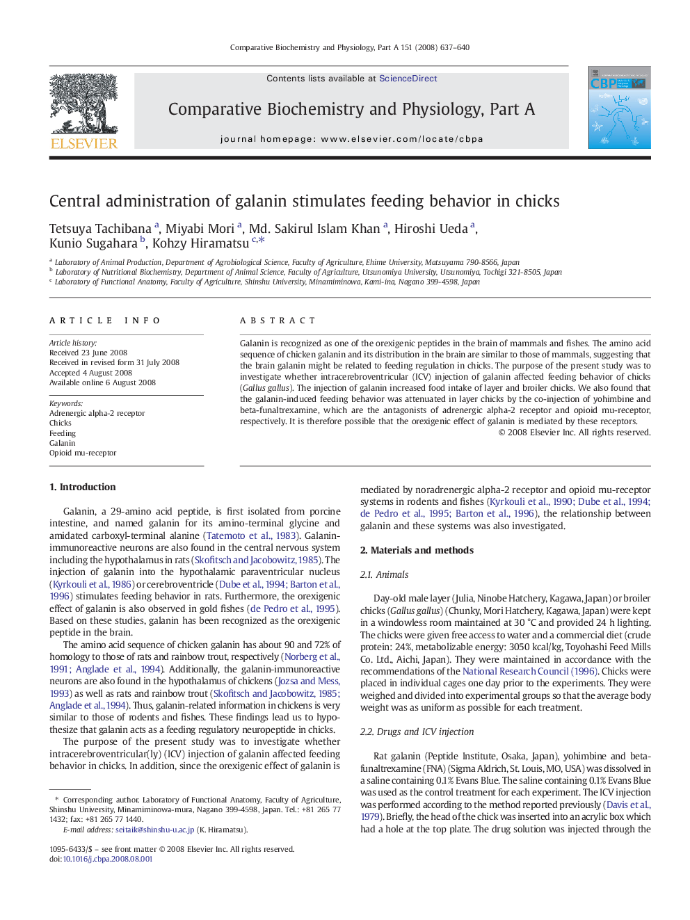 Central administration of galanin stimulates feeding behavior in chicks