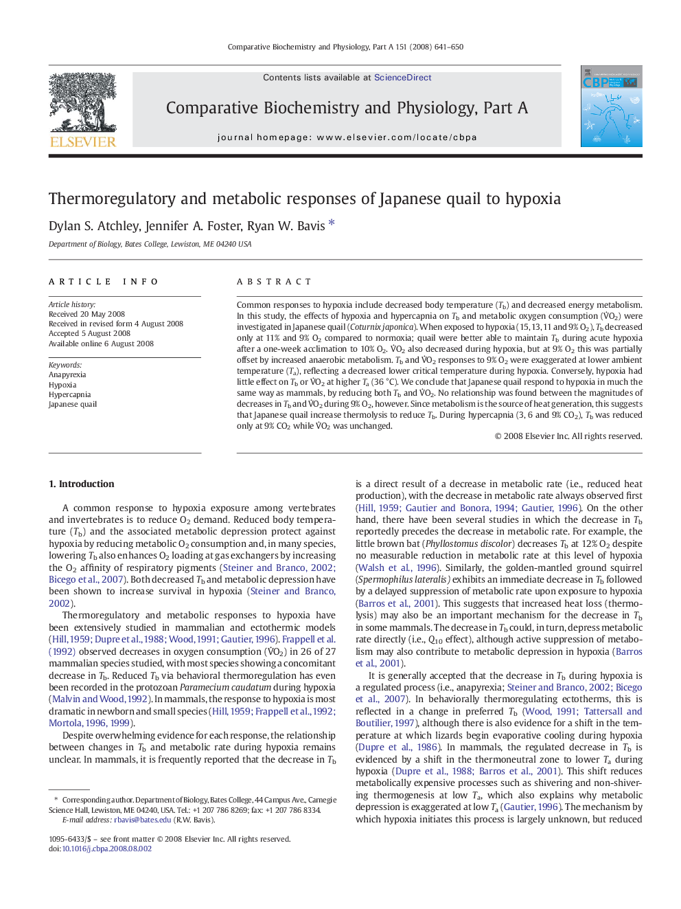 Thermoregulatory and metabolic responses of Japanese quail to hypoxia