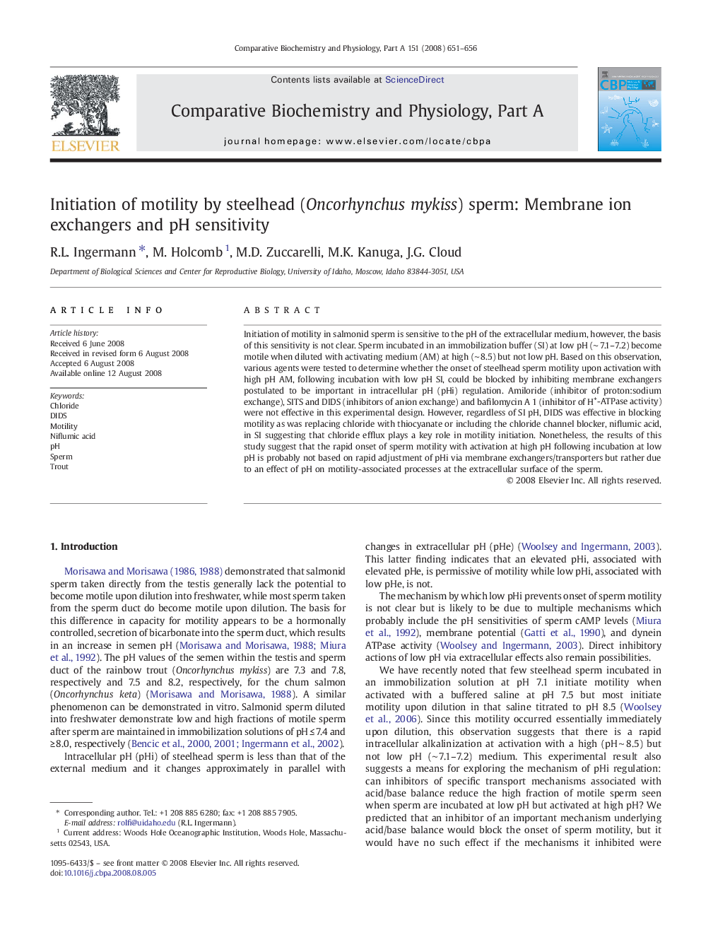 Initiation of motility by steelhead (Oncorhynchus mykiss) sperm: Membrane ion exchangers and pH sensitivity