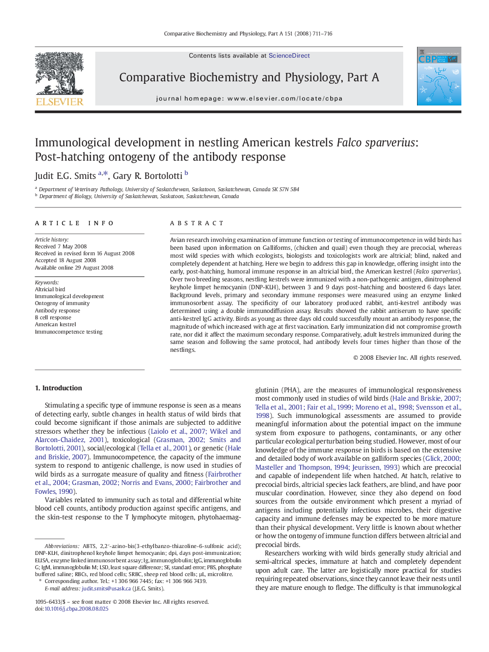 عکس صفحه اول مقاله: Immunological development in nestling American kestrels Falco sparverius: Post-hatching ontogeny of the antibody response Immunological development in nestling American kestrels Falco sparverius: Post-hatching ontogeny of the antibody response