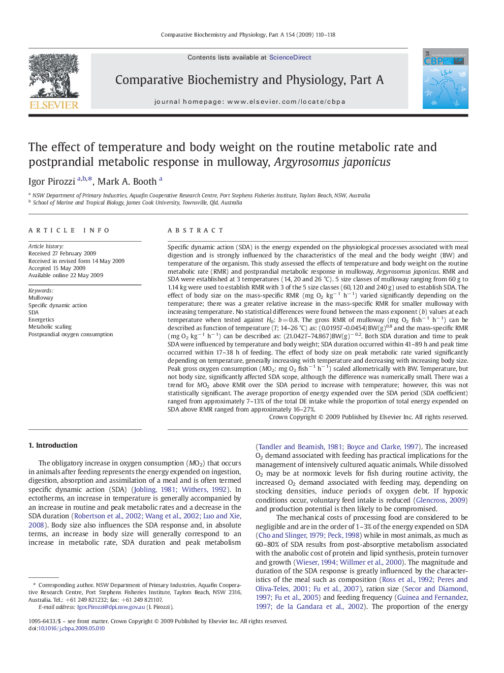 The effect of temperature and body weight on the routine metabolic rate and postprandial metabolic response in mulloway, Argyrosomus japonicus