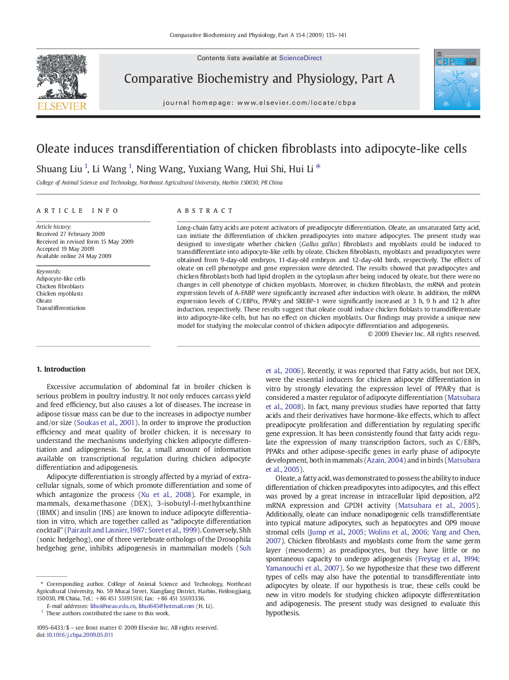 Oleate induces transdifferentiation of chicken fibroblasts into adipocyte-like cells