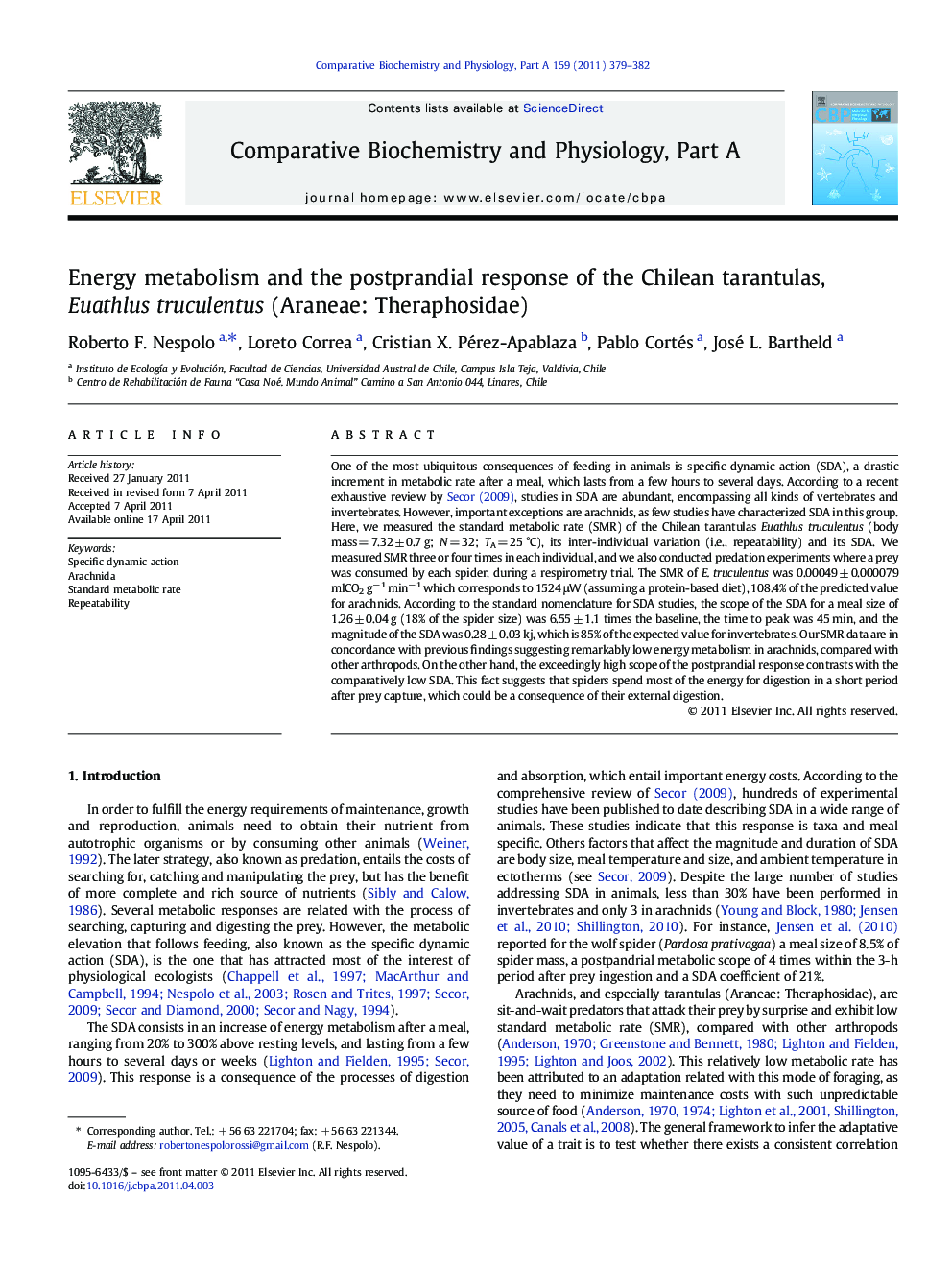 Energy metabolism and the postprandial response of the Chilean tarantulas, Euathlus truculentus (Araneae: Theraphosidae)