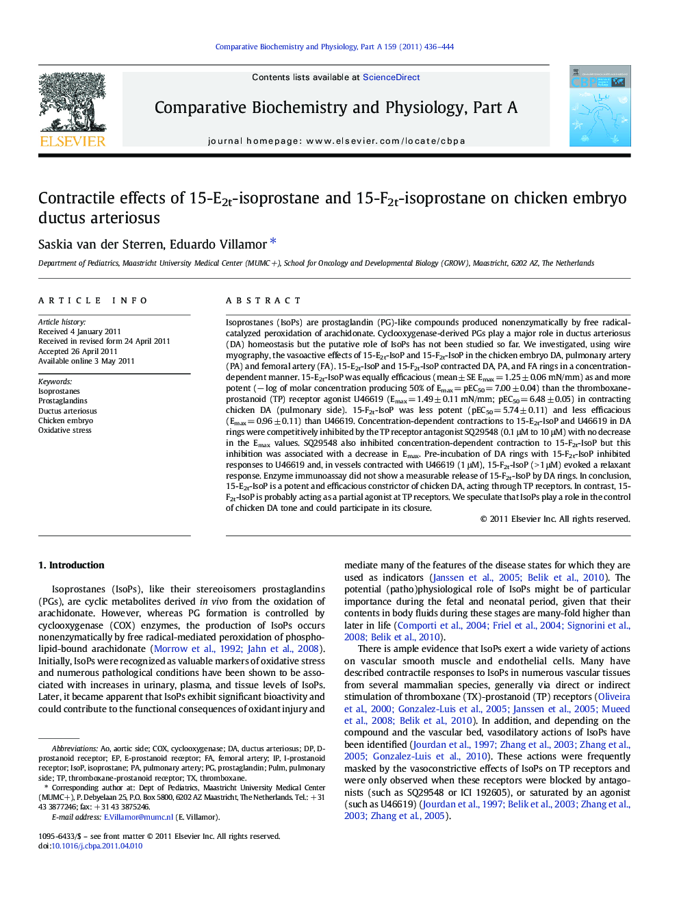 Contractile effects of 15-E2t-isoprostane and 15-F2t-isoprostane on chicken embryo ductus arteriosus