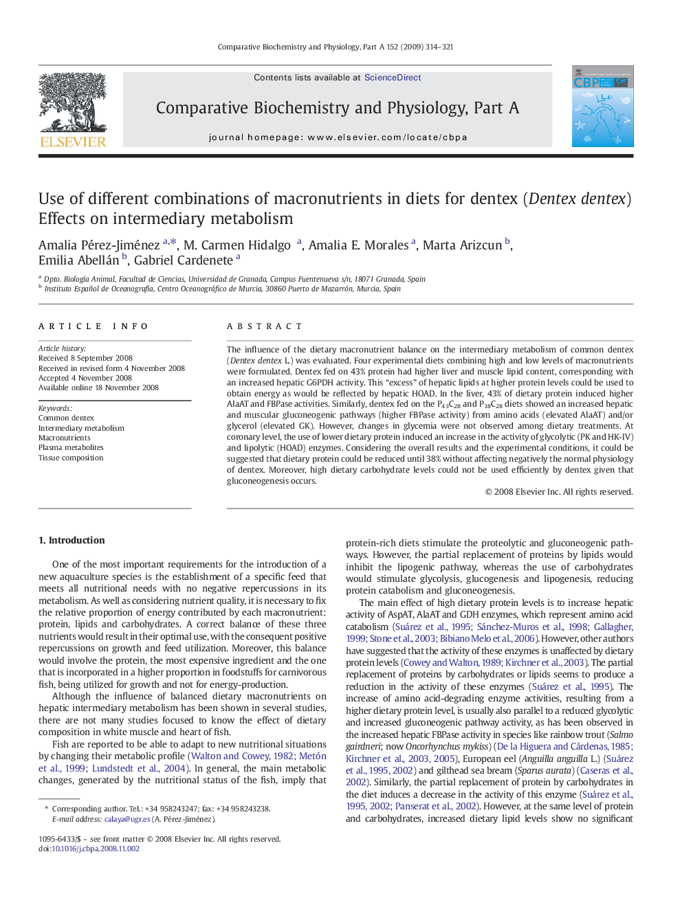 Use of different combinations of macronutrients in diets for dentex (Dentex dentex): Effects on intermediary metabolism