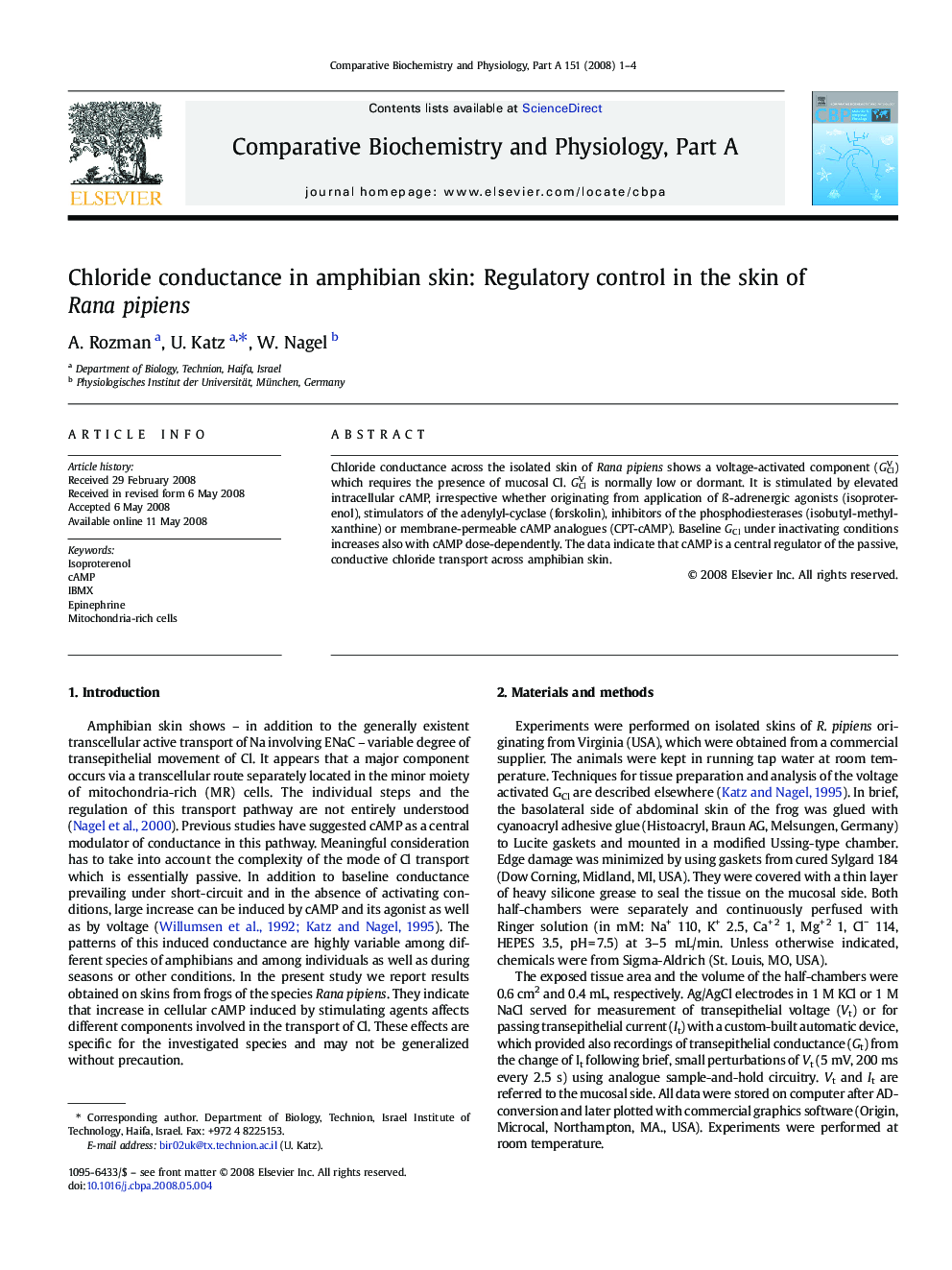 Chloride conductance in amphibian skin: Regulatory control in the skin of Rana pipiens