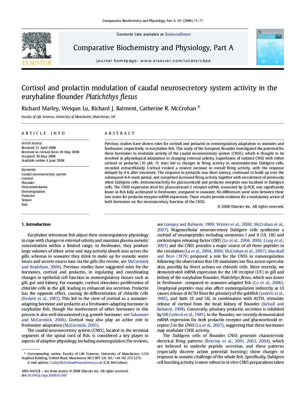 Cortisol and prolactin modulation of caudal neurosecretory system activity in the euryhaline flounder Platichthys flesus