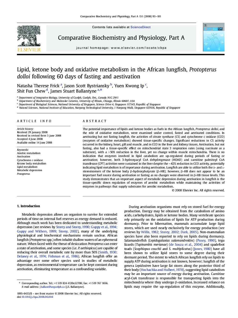 Lipid, ketone body and oxidative metabolism in the African lungfish, Protopterus dolloi following 60 days of fasting and aestivation