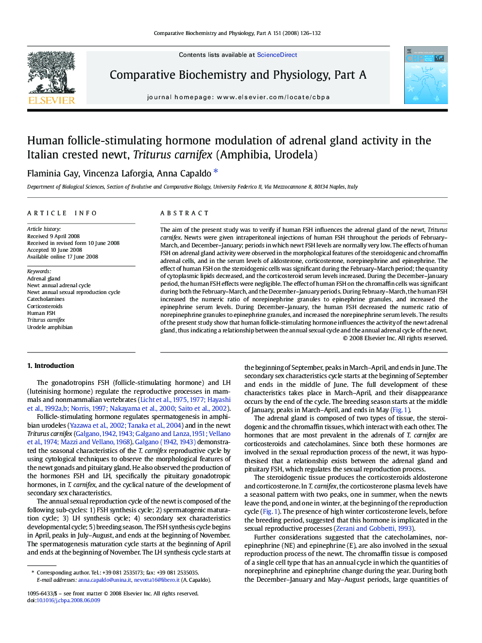 Human follicle-stimulating hormone modulation of adrenal gland activity in the Italian crested newt, Triturus carnifex (Amphibia, Urodela)