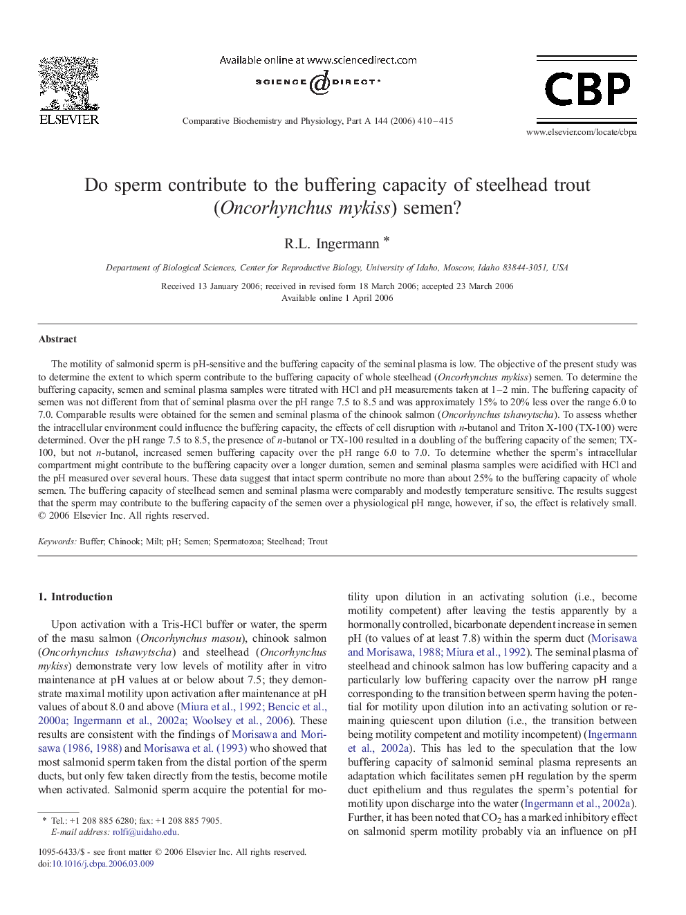 Do sperm contribute to the buffering capacity of steelhead trout (Oncorhynchus mykiss) semen?