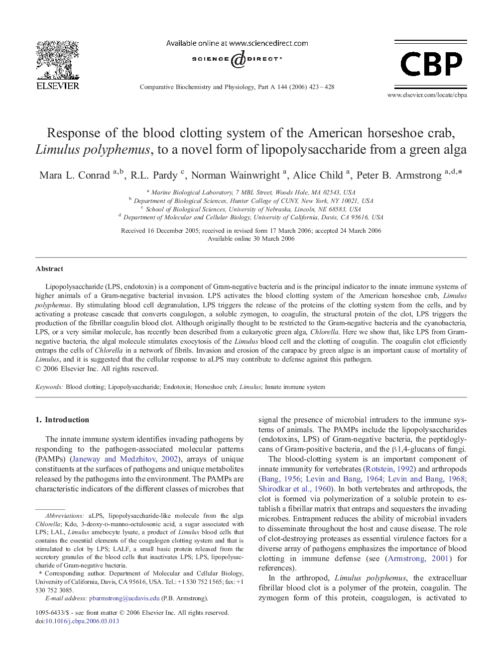 Response of the blood clotting system of the American horseshoe crab, Limulus polyphemus, to a novel form of lipopolysaccharide from a green alga