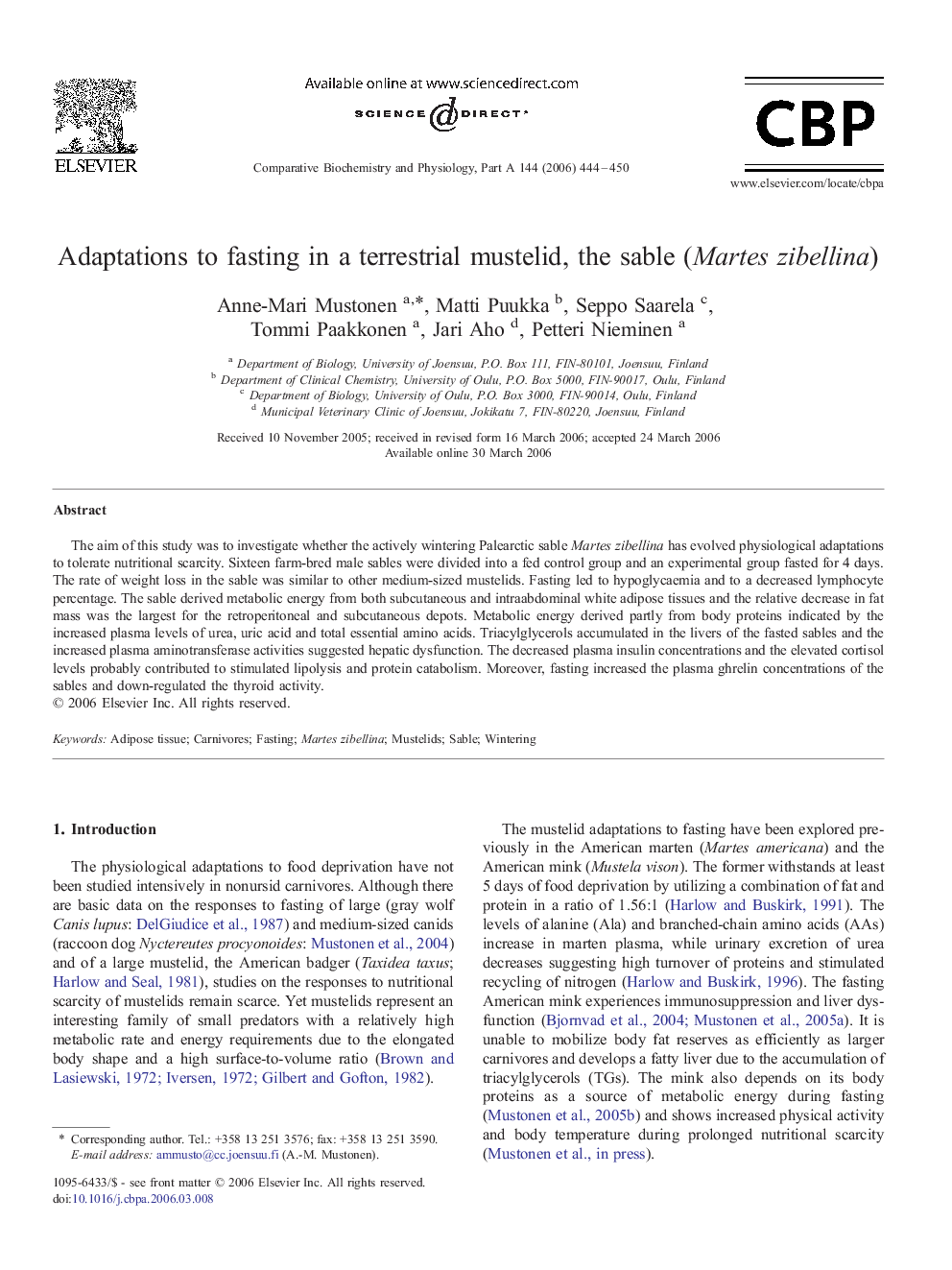 Adaptations to fasting in a terrestrial mustelid, the sable (Martes zibellina)