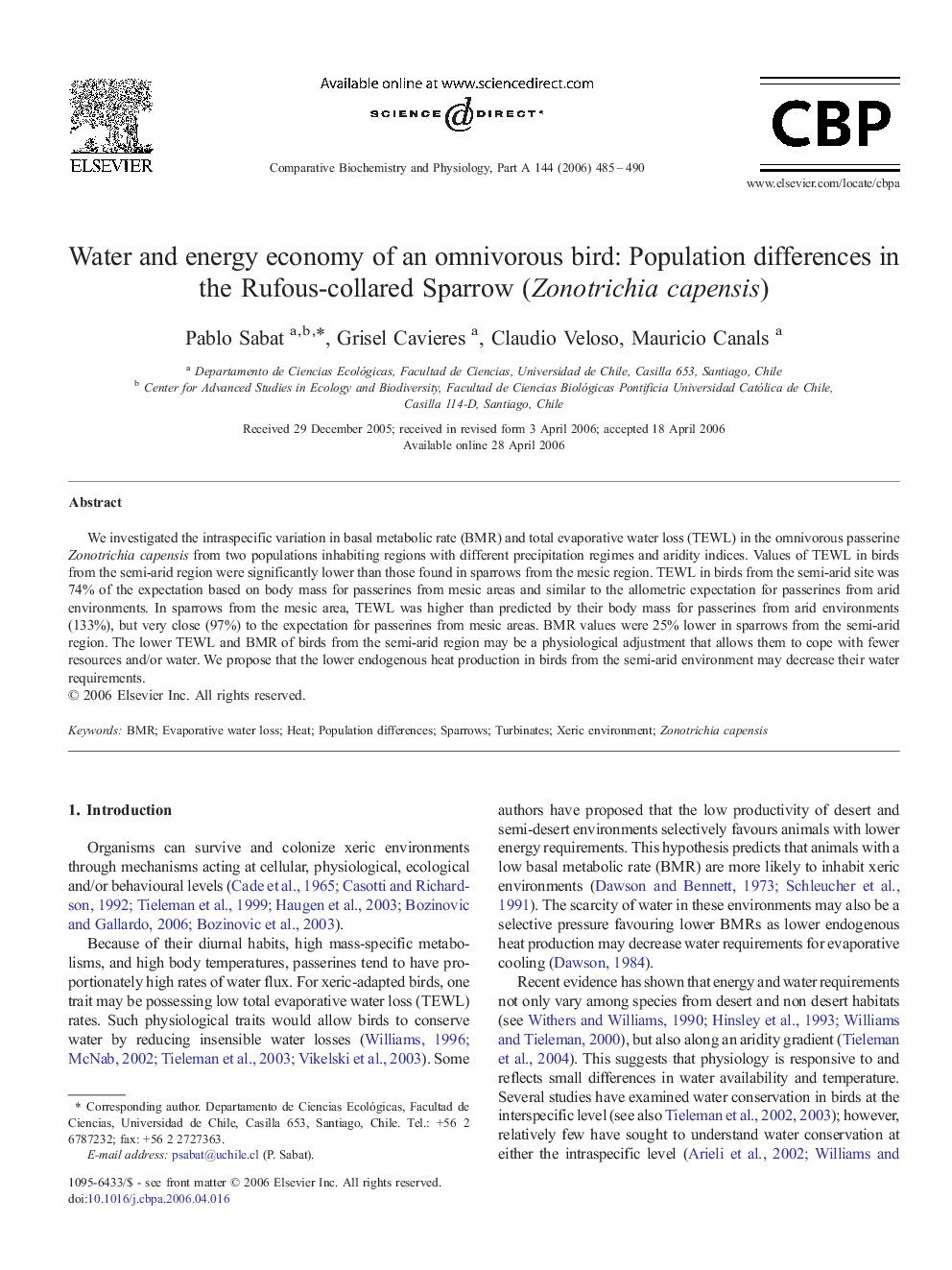 Water and energy economy of an omnivorous bird: Population differences in the Rufous-collared Sparrow (Zonotrichia capensis)