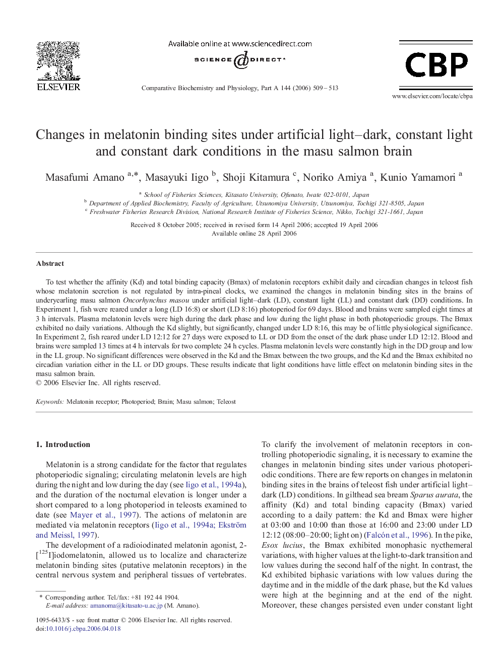 Changes in melatonin binding sites under artificial light–dark, constant light and constant dark conditions in the masu salmon brain