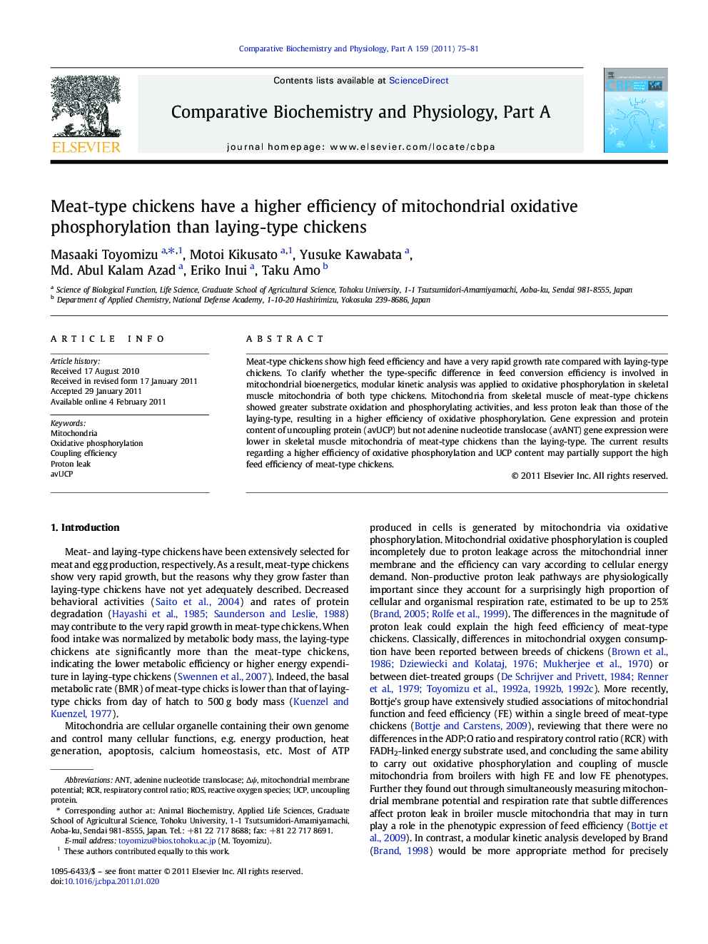 Meat-type chickens have a higher efficiency of mitochondrial oxidative phosphorylation than laying-type chickens