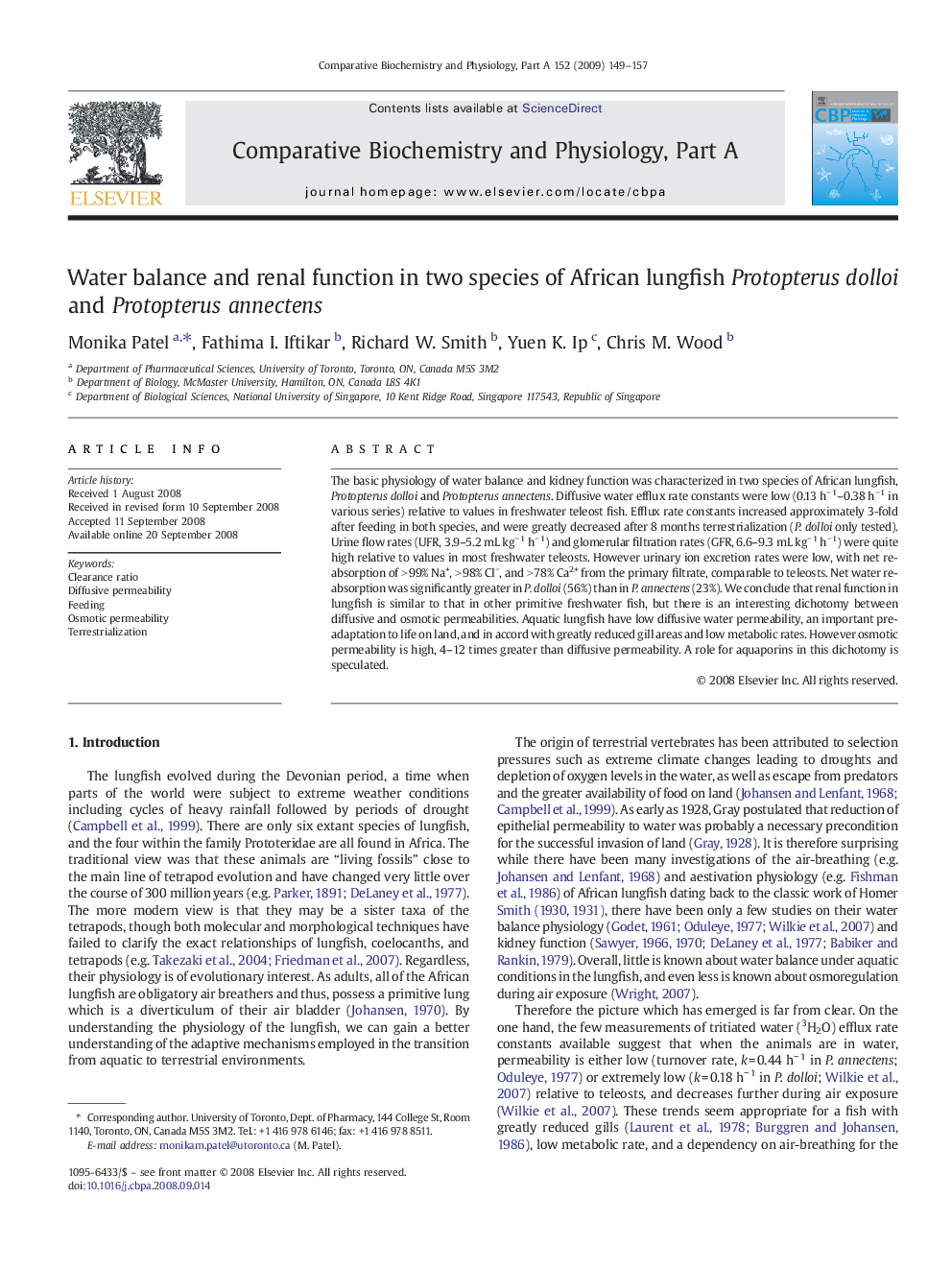 Water balance and renal function in two species of African lungfish Protopterus dolloi and Protopterus annectens