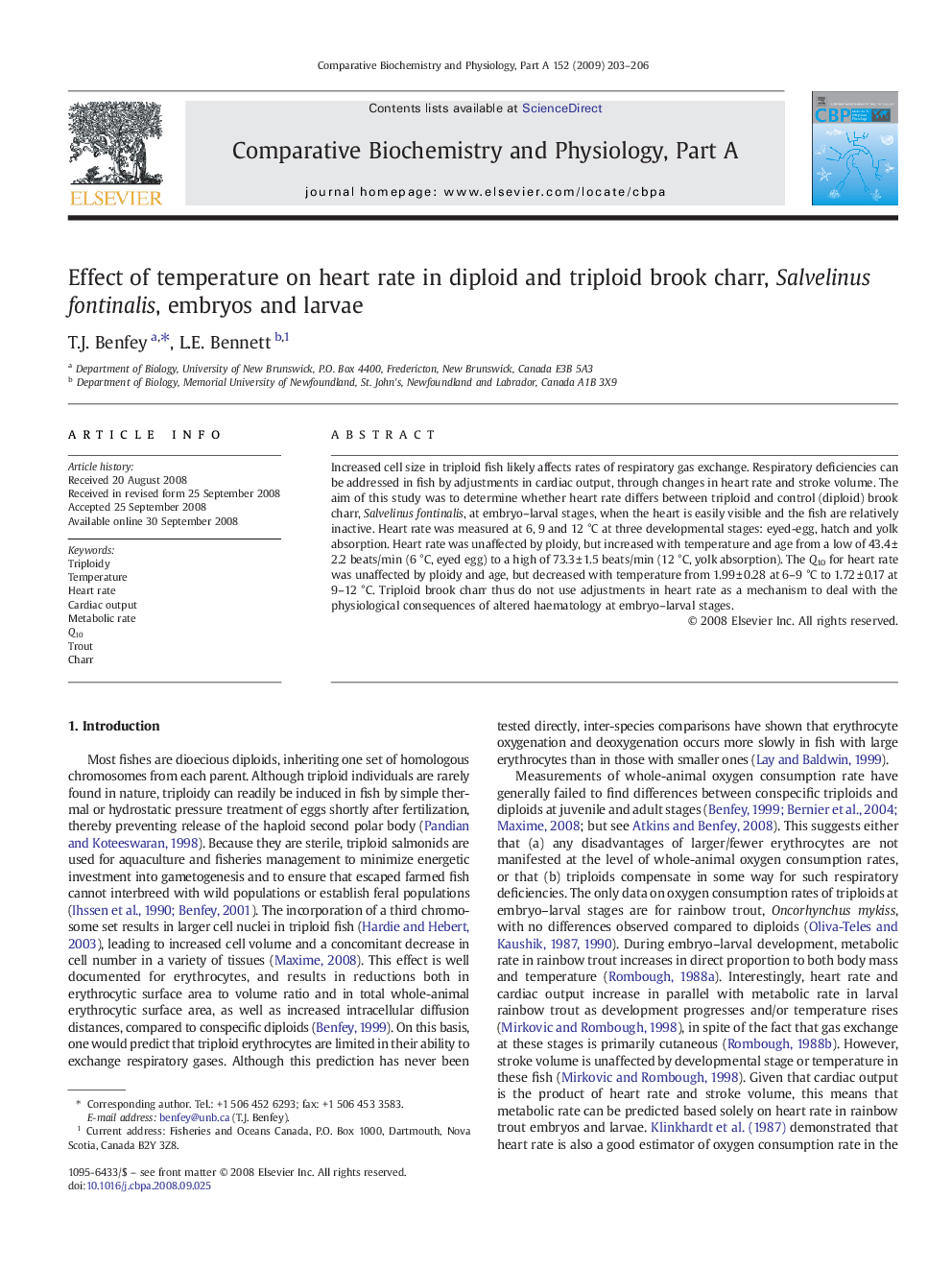 Effect of temperature on heart rate in diploid and triploid brook charr, Salvelinus fontinalis, embryos and larvae