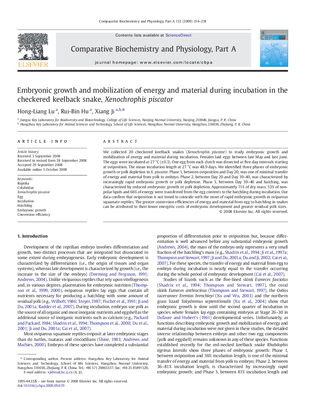 Embryonic growth and mobilization of energy and material during incubation in the checkered keelback snake, Xenochrophis piscator