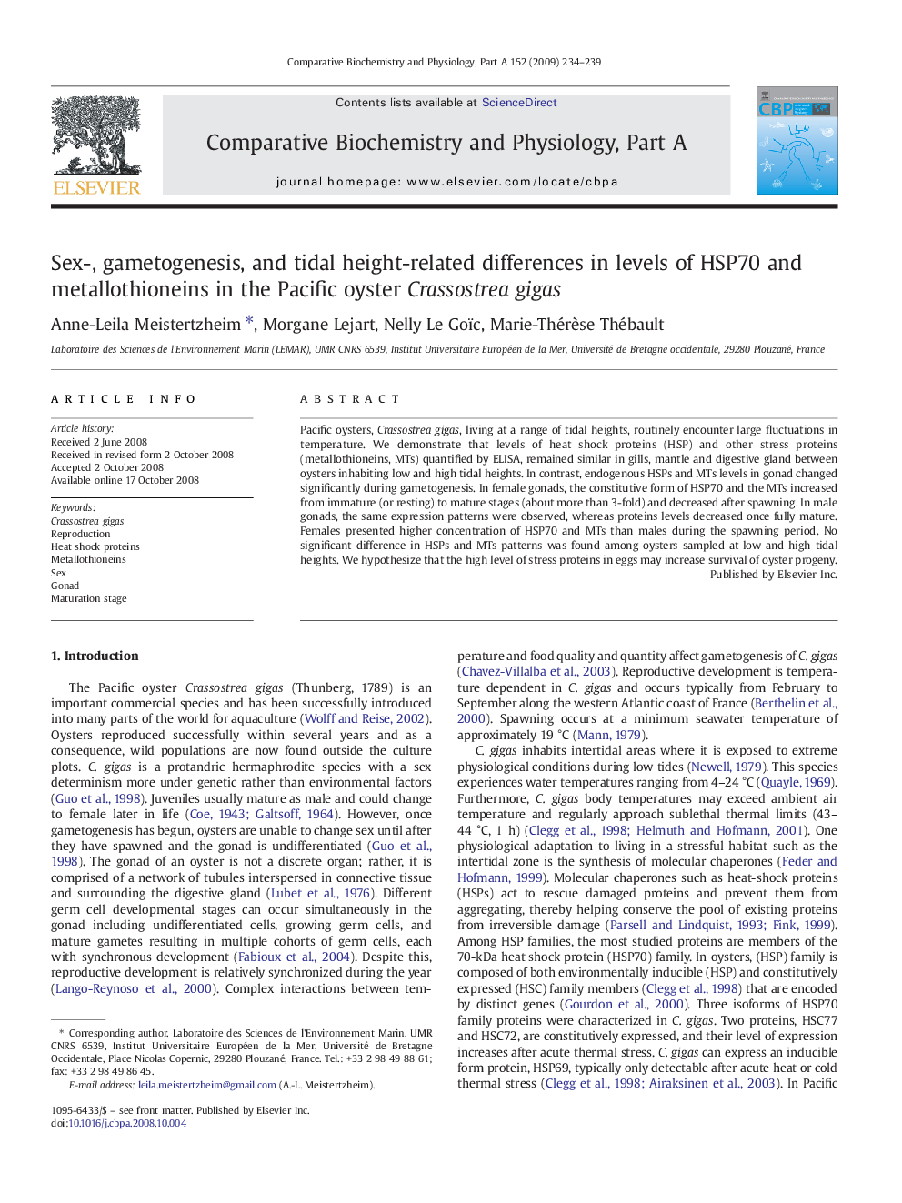 Sex-, gametogenesis, and tidal height-related differences in levels of HSP70 and metallothioneins in the Pacific oyster Crassostrea gigas