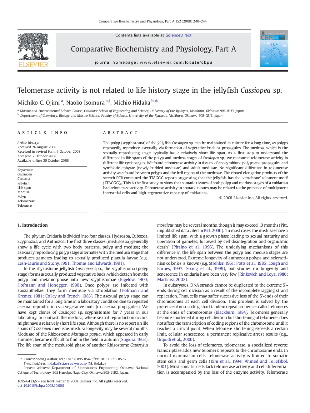 Telomerase activity is not related to life history stage in the jellyfish Cassiopea sp.