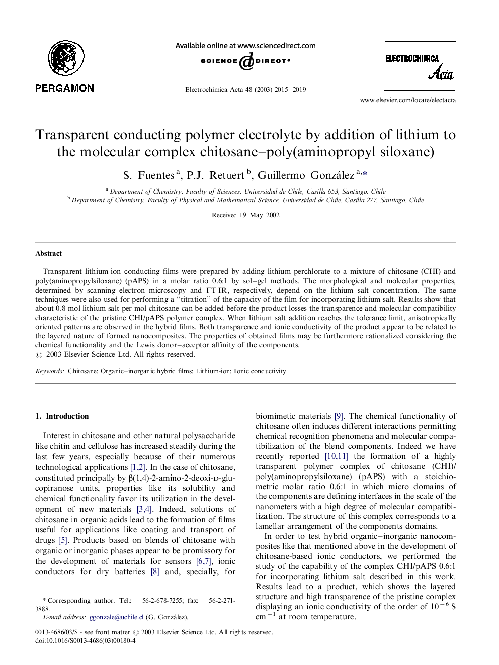 Transparent conducting polymer electrolyte by addition of lithium to the molecular complex chitosane–poly(aminopropyl siloxane)