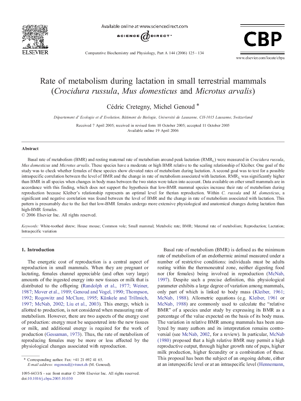 Rate of metabolism during lactation in small terrestrial mammals (Crocidura russula, Mus domesticus and Microtus arvalis)