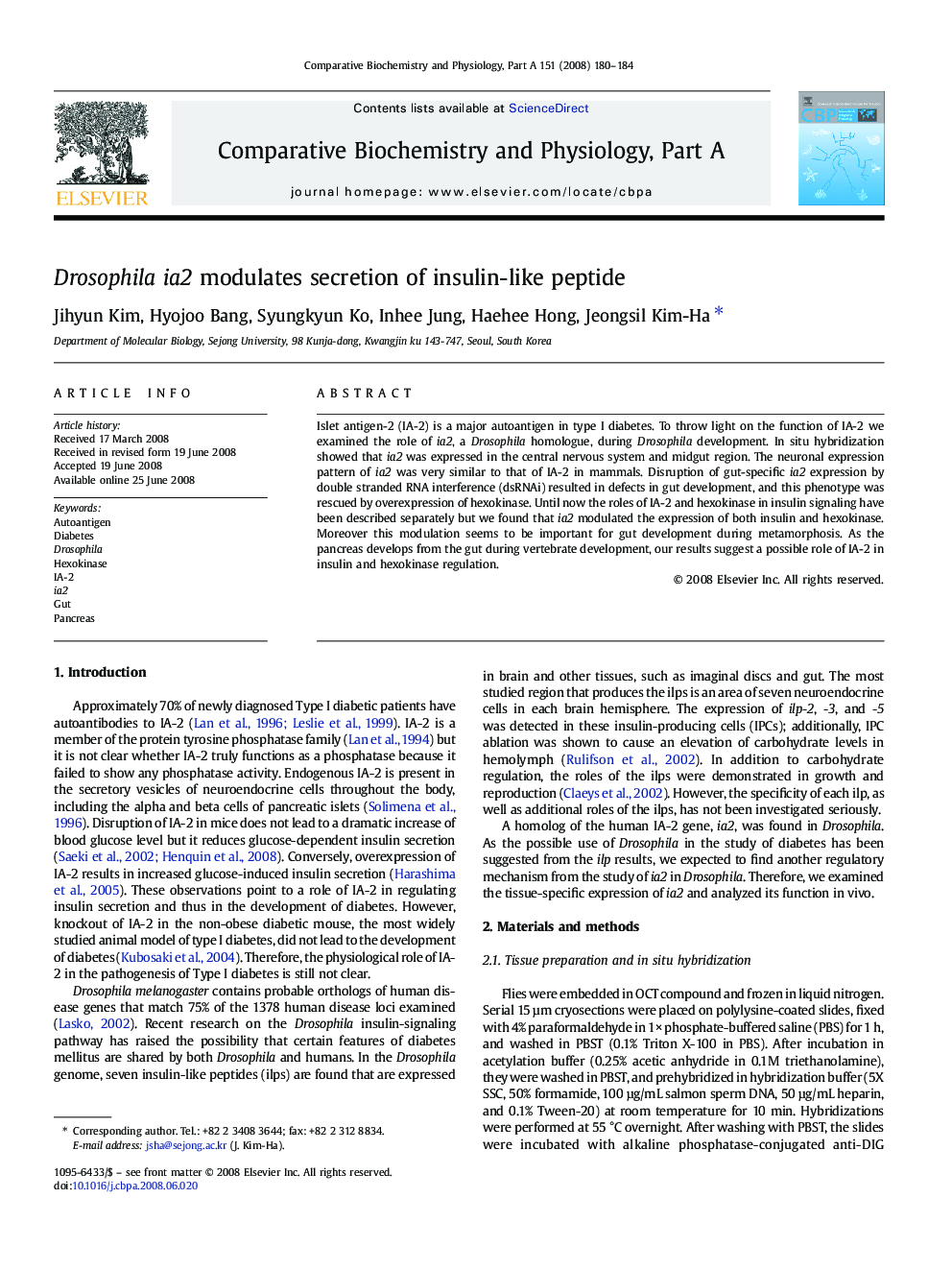 Drosophila ia2 modulates secretion of insulin-like peptide