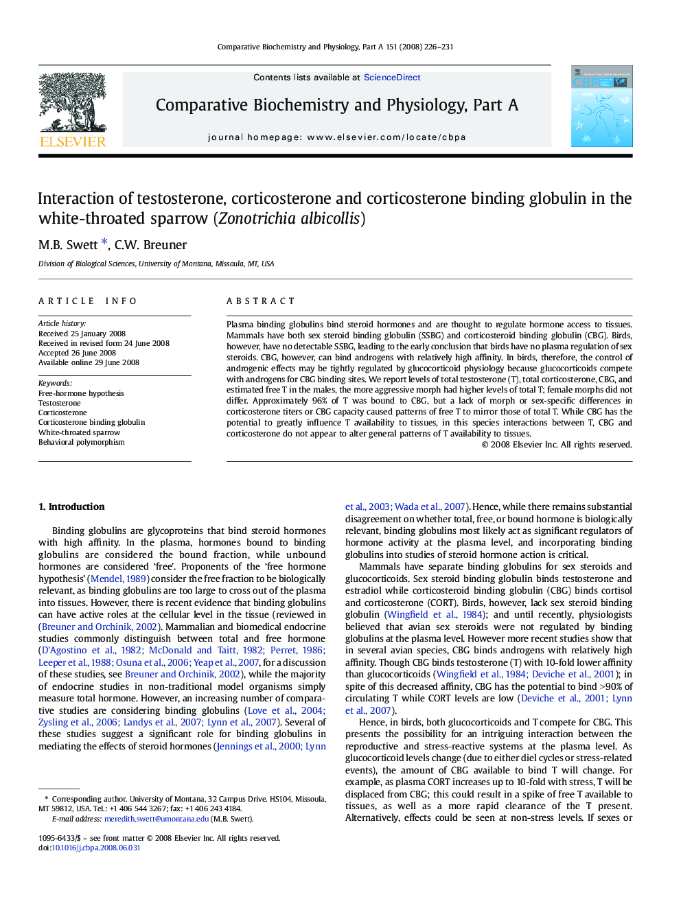 Interaction of testosterone, corticosterone and corticosterone binding globulin in the white-throated sparrow (Zonotrichia albicollis)